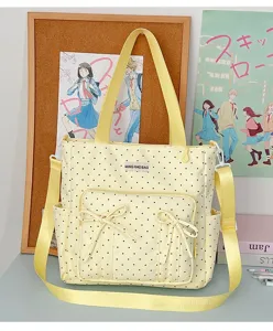 Bonito bolso tote de lona con lunares amarillos y lazo, gran bolso bandolera de hombro.