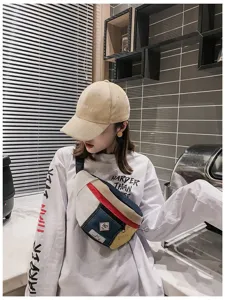 Streetwear Retro Damen Brusttasche Kord Patchwork Farblock Hüfttasche cooler Hip-Hop Stil