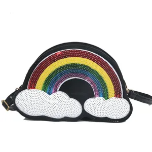 Bolso cruzado lentejuelas arcoíris nube detalle, bolso bonito con correa ajustable.