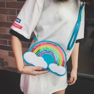 Bonito bolso cruzado de nube y arcoíris con lentejuelas para mujer bolso brillante.