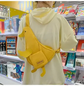 Niedliche gelbe Enten Canvas Brusttasche Damen, stylische Umhaengetasche mit kleinen Taschen.