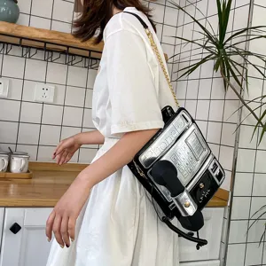 Neuartige Telefonform Umhängetasche Retro schwarz weiße Schultertasche für Damen chic