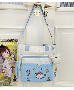 Niedliche Canvas-Umhängetasche mit Cartoon-Muster, blau-weiße Schultasche für Schüler.