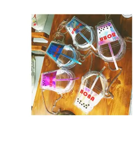 Klares holografisches Bubble-Tea-Tassen-Umhängetasche PVC Jelly Schultertasche mit Kette