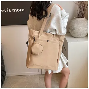 Beige large capacity tote bag with coin purse, casual shoulder handbag for women daily use.