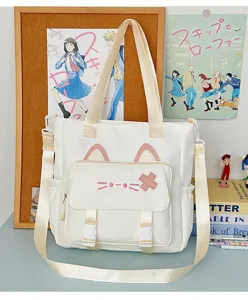 Suesse Katzenohren Segeltuch Tasche, vielseitige Umhaengetasche fuer Schule und Pendeln.