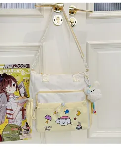 Süße Cartoon Canvas Umhängetasche für Schüler, leichte bestickte Schultasche Damen.