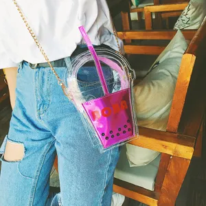 Transparente PVC Bubble Tea Tasse Umhängetasche mit rosafarbenem Beutel und Kette für Damen.