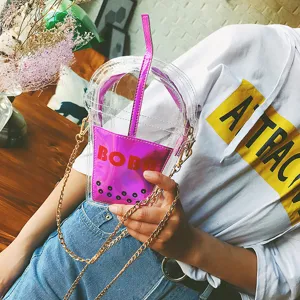 Transparente holografische Bubble Tea Umhängetasche mit Kette für Damen Strand Alltag.