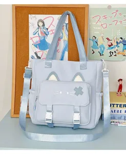 Hübsche Katzenohren Canvas Umhängetasche, hellblaue Studenten Tasche für den Alltag.
