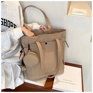 Large capacity canvas tote bag with coin purse, casual shoulder bag for women daily use.