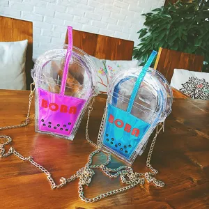 Klare Gele Umhängetasche, einzigartiges Boba Becher Design mit Metallkette, stylische Tasche.