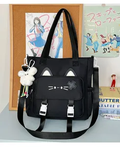Süße schwarze Katzen-Canvas-Tragetasche mit Schultergurt, vielseitige Freizeittasche für Damen.