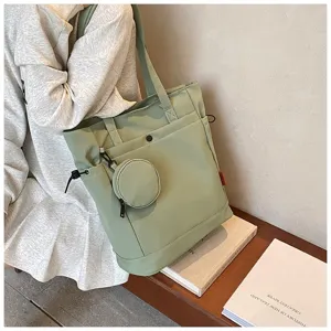 Large capacity sage green tote bag with small coin purse, casual canvas shoulder bag for daily use.