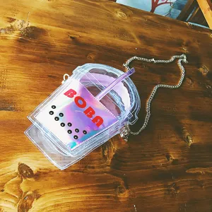 Klares holografisches Boba Bubble Tea Tassen Umhängetasche mit Kette und transparentem Design.