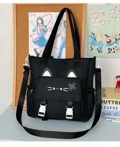 Schwarze Canvas-Tragetasche mit niedlichem Katzenohren-Design, stilvolle Umhängetasche für Damen.