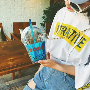 Transparente Bubble-Tea-Becher Gelee Umhängetasche mit Lasertasche und Kette für Damen.