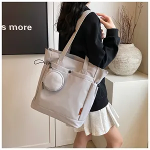 Large capacity grey tote bag with small coin purse, stylish shoulder bag for women detail