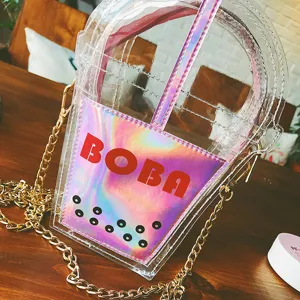 Transparente PVC Bubble Tea Umhängetasche mit holografischer Laser-Tasche und Goldkette.