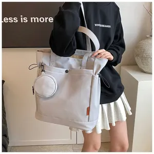 Large capacity grey tote bag with a small coin purse, stylish shoulder bag for women.