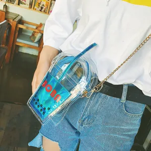 Klare PVC Bubble Tea Umhängetasche mit blauer holografischer Tasche und Kette für Damen.