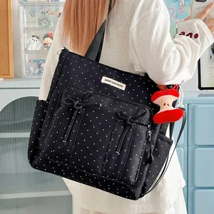 Bolso tote negro de lunares con lazos, gran bolso de hombro y cruzado para mujeres.