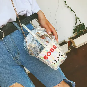 Transparente Gelee Boba Tee Tasse Umhängetasche Laser Farbblock Strand Damen Tasche.