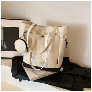Canvas tote bag detail, large capacity shoulder bag with small coin purse, beige daily handbag.