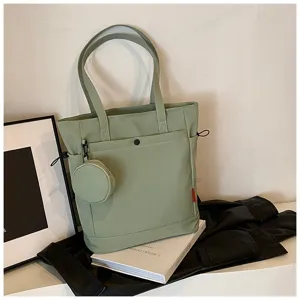 Large capacity canvas tote bag with round coin purse, casual shoulder bag for daily use.