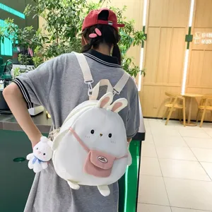 Carino zaino in nylon stile Harajuku con coniglietto di peluche per ragazze e studenti scuola.