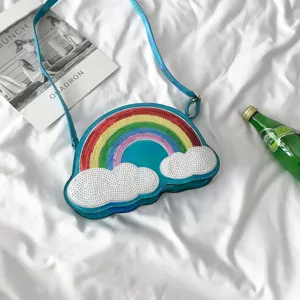 Bonito bolso cruzado de lentejuelas con nube de arcoíris para mujer, bolso de cuero PU láser.