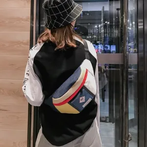 Koreanischer Streetwear Farbblock Canvas Brusttasche, Retro Patchwork Gürteltasche.