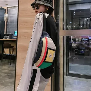 Koreanischer Streetwear Hip-Hop Farbblock Canvas Brusttasche Retro Gürteltasche für Frauen