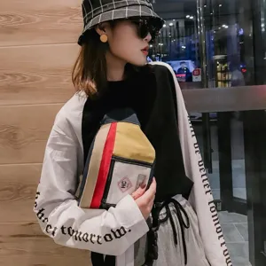 Streetwear Farbblock Canvas Brusttasche fuer Damen, retro Hip Hop laessige Guerteltasche.
