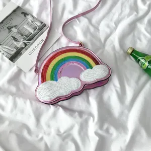 Bolso cruzado de lentejuelas nube arco iris, bolso mensajero láser, bolso de hombro lindo.