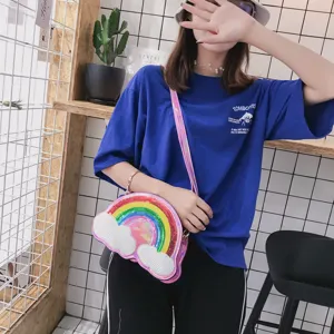 Bolso cruzado de lentejuelas de arco iris láser, lindo bolso de hombro de nube.