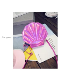 Holografische Muschel Umhaengetasche fuer Damen, niedliche rosa Laser PU Leder Schultertasche.
