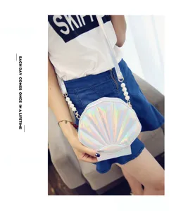 Holografische Muschel Umhaengetasche mit Perlenriemen Sommer Mode laessige niedliche kleine Tasche
