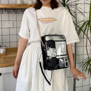 Neuheit retro telefonförmige Umhängetasche für Damen, einzigartige glänzende schwarze Handtasche.