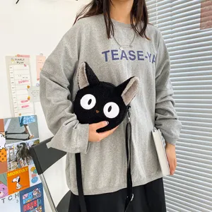 Niedliche Pluesch schwarze Katze Umhaengetasche fuer Damen, weiche pelzige Tierschultertasche.