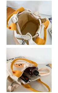 Detailansicht der Leinen-Eimer Tasche, Innenraum, Kordelzugverschluss und Alltagsstauraum.