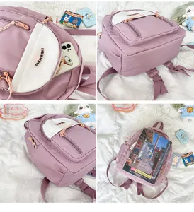 Mini lila Rucksack Detailansicht, süße Freizeitschultasche mit Vordertasche für Damen und Mädchen.