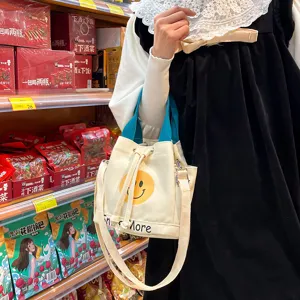 Leinen Eimer Tasche für Damen, süßer Smiley Print, lässige Handtasche mit Schultergurt.