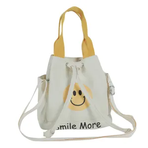Leinwand Eimer Tasche für Damen, süßer Smiley Druck, gelbe Griffe, Freizeittasche.