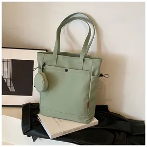 Large capacity light green canvas tote bag with coin purse, casual shoulder bag for women.
