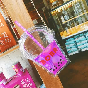 Transparente holografische Bubble Tea Tasse Umhängetasche süße PVC Geldbörse für Damen