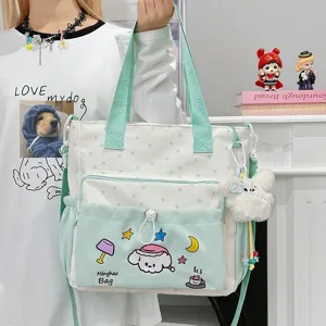 Süße Cartoon Bestickte Canvas Umhängetasche Für Damen Jugendliche Sternen Druck Kleine Handtasche Pendeln Schule Tasche