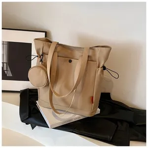 Stylish casual khaki tote bag with large capacity, shoulder straps, and a cute matching coin pouch for women.