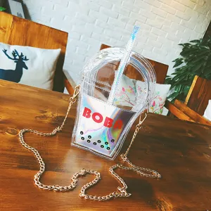 Transparente holografische Bubble Tea Umhängetasche Neuheit Jelly Handtasche mit Kette für Damen.