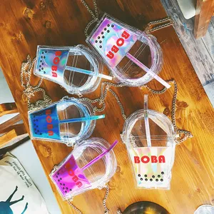 Transparente holografische Boba Tee Tasse Umhängetasche mit Kette PVC Gelee Schultertasche.